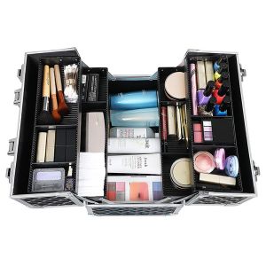 Black Makeup Vanity Case Cosmetic Box With Adjustable Dividers 4 Trays And 2