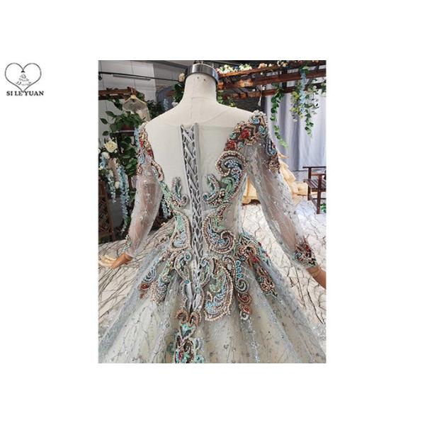 Colorful Lace Tailor Made Prom Dresses , Long Sleeve Beaded Prom Dress Big Tail