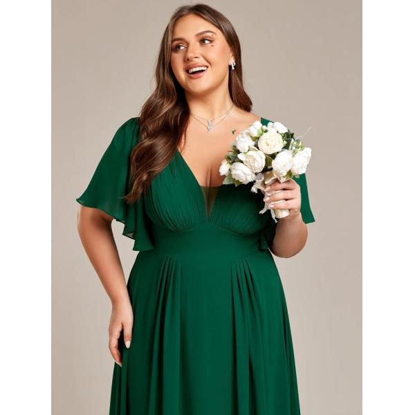 Simple V-neck Zipper Short Sleeves Empire Waist A-line Maxi Ruffled Dark Green Chiffon Bridesmaid Dress