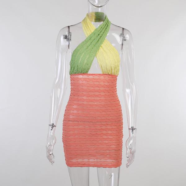 Contrast Color Stitching Halter Neck Cross Over Dress 89cm