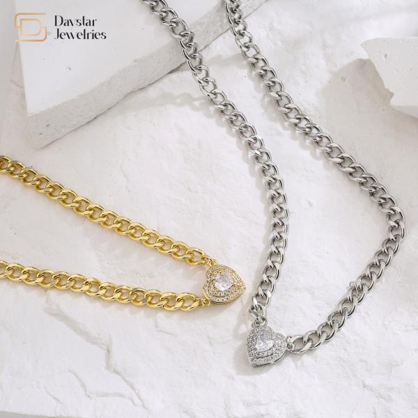 Buy Love Diamond Zircon Charm Heart Pendant Necklace Stainless Steel Cuban Link Chain at wholesale prices