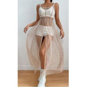 Sling Mesh Bikini Cover Up Sexy Slim Dress Sleeveless Solid Pattern
