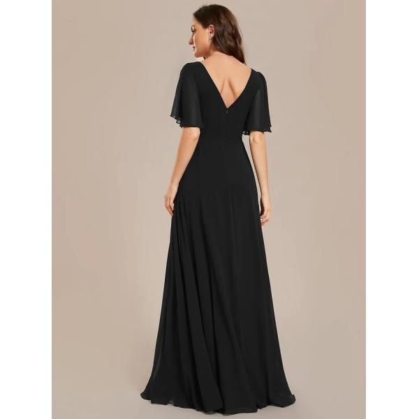 Simple V-neck Zipper Short Sleeves Empire Waist A-line Maxi Ruffled Black Chiffon Evening Dress