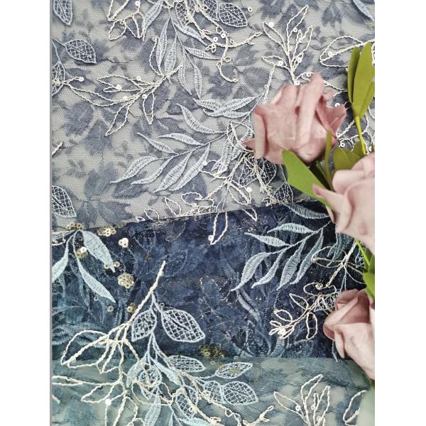 Buy Blue Tulle Embroidered Lace Fabric Flower Lace With Sequins at wholesale prices