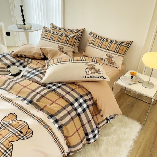 Grid Twin Size Duvet Cover Bed Sheet Bedding Set 4-In-1 Brushed Cotton Nondisposable