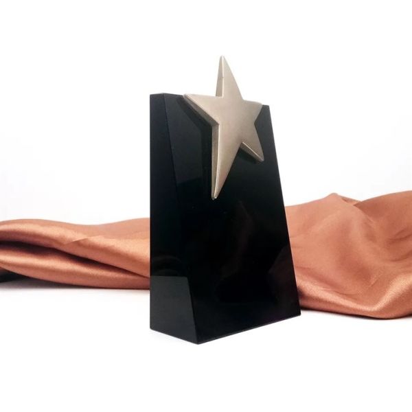 Buy 2023 New Black Crystal Award Black Crystal Beveled Five Pointed Star Medal Zinc Alloy Crystal Sandblasted Trophy at wholesale prices