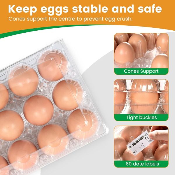 Count Plastic Egg Cartons, With 60PCS Date Labels, Bulk Cheap Clear Reusable Egg Containers For Fresh Medium Eggs Storage, Suitable For Farms,