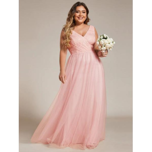 Elegant V-neck Sleeveless Two Straps Empire A-line Plus Size Pink Lace And Tulle Bridesmaid Dress