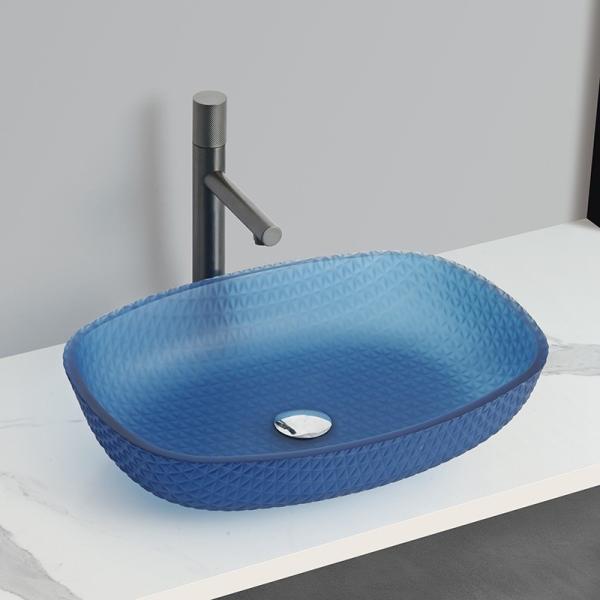 Buy Acid Matt Blue Vessel Basin Sinks 540*395*110mm 1 Hole Glass Basin at wholesale prices