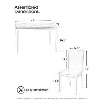 Marble Top 41.8" W table 5 Piece Kitchen Table Set 4 Black Faux Leather Upholstery Chairs