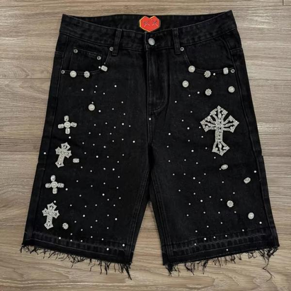 Custom Slim Jeans Summer Vintage Street Wear Heavyweight Denim Shorts Manufacturers Men's Baggy Denim Shorts Rhinestone Jorts
