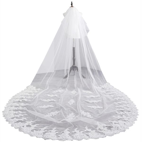 Elegant Customized Two Layers Appliqued Lace 3.5m Tulle Bridal Wedding White Veil With Hair Comb