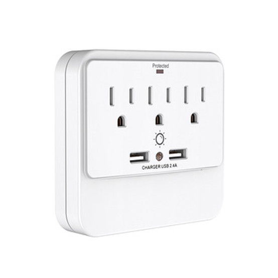 Buy Wall Power Socket And Wall Tap One Input 3 Outlet 2 USB Surge Night Light UL cUL passed at wholesale prices