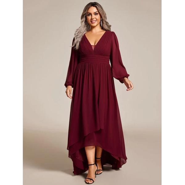 V-neck Plus Size Enchanting Lotus Leaf Lantern Sleeve Pleated Empire High Waist A-line Burgundy Chiffon Evening Dress