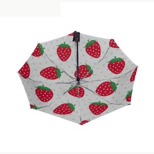 Compact 3 Folds Strawberries Pongee Umbrella With 8 Ribs And Automatic Open /