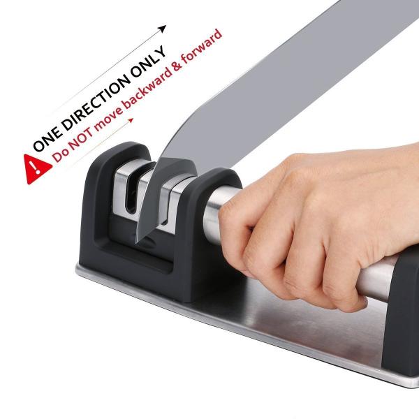 Handheld Two Step Knife Sharpener with Reversible Grinding Head and Finger Guard