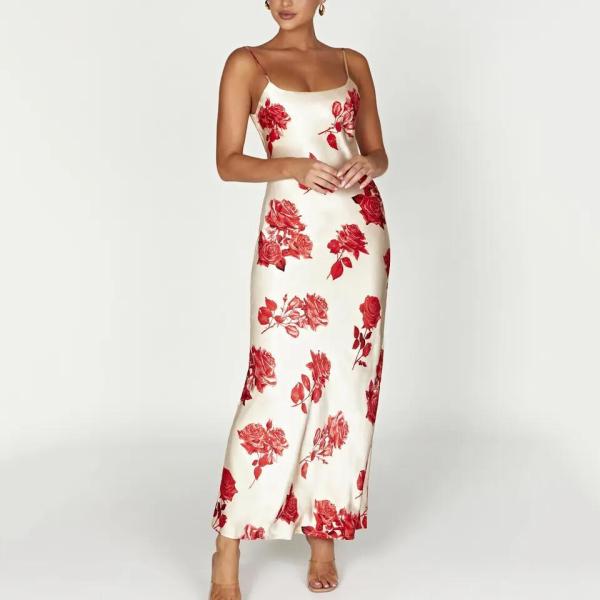 Custom Ladies Elegant Print Milk Silk Women Casual Long Summer Floral Maxi Satine Dress