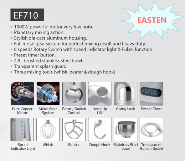 China Automatic Kitchen Stand Mixer EF710/ Planetary Diecast Kitchen Machine with CE Certificate