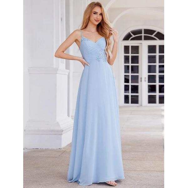 Chic V-neck Pleated Sleeveless Backless A-line Empire Spaghetti Strap Applique Waist Ice Blue Chiffon Evening Dress