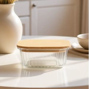 China Striped Glass Food Container with Bamboo Lid on sale
