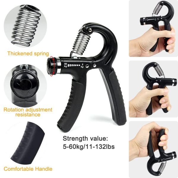 Five Piece Hand Grip Workout Kit Black Adjustable Hand Gripper Finger Stretcher Grip Ring And Stress Ball For Hand Strength And Flexibility
