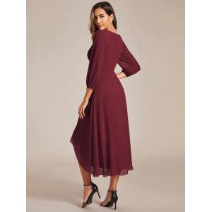 Elegant Empire Long Sleeve V-neck High Low A-line Ruffled Midi Burgundy Chiffon