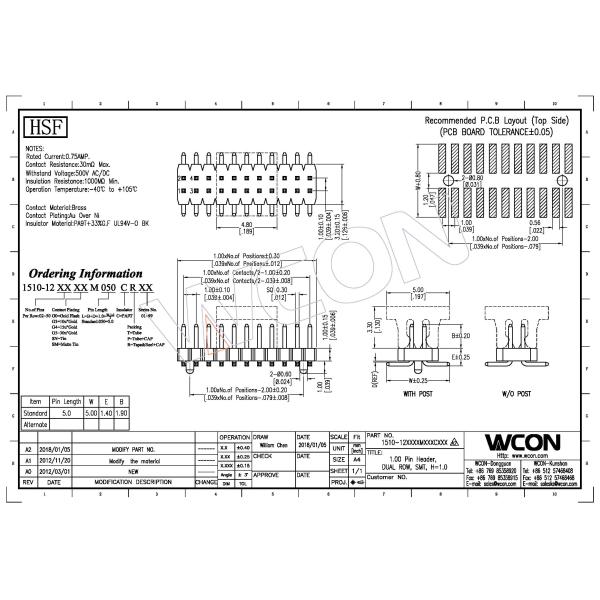 1.0mm Dual ROW SMT Pin Header Connector Single GF Brass Gold Flash
