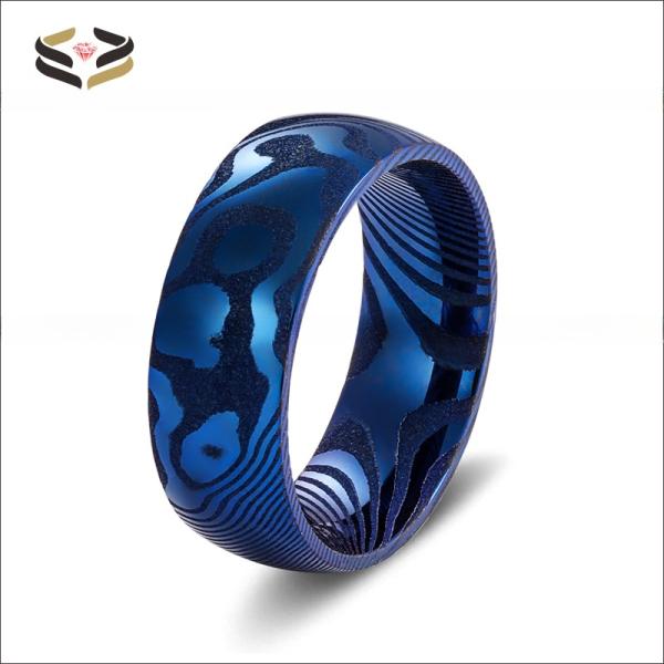 Bold Hand Wedding Damascus Steel Mens Ring 8mm Blue Religious Type Domed Wood Grain