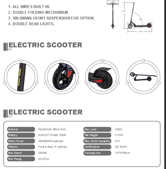 H7 300W/500W Electric Scooter Stable Folding With Double Rear Lights