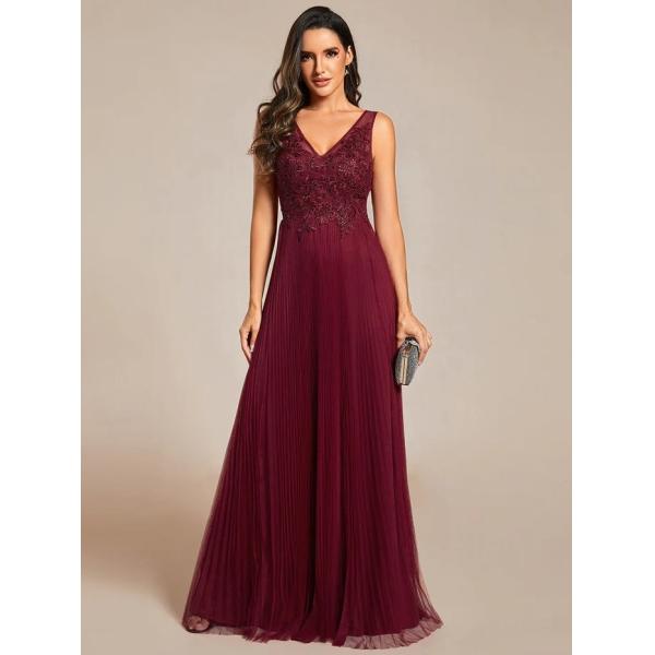 Elegant V-neck Floor-length Appliqued Zipper Two Straps A-line Purple Orchid Crepe Tulle Evening Dress