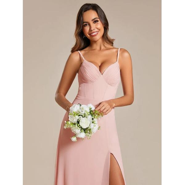 Empire A-line Ruffled V-neck Spaghetti Strap High Slit Corset Top Zipper Pink Chiffon Bridesmaid Dress