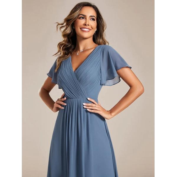 Chic V-neck High-low Short Flutter Sleeves A-line Ruffles Midi Invisible Zipper Dusty Navy Chiffon Wedding Evening Dress