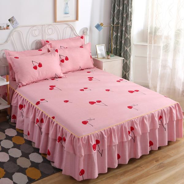 Modern Floral Plant Printed Bed Cover Fitted Lace Bed Skirt Sheets 3pcs Bedding Sets