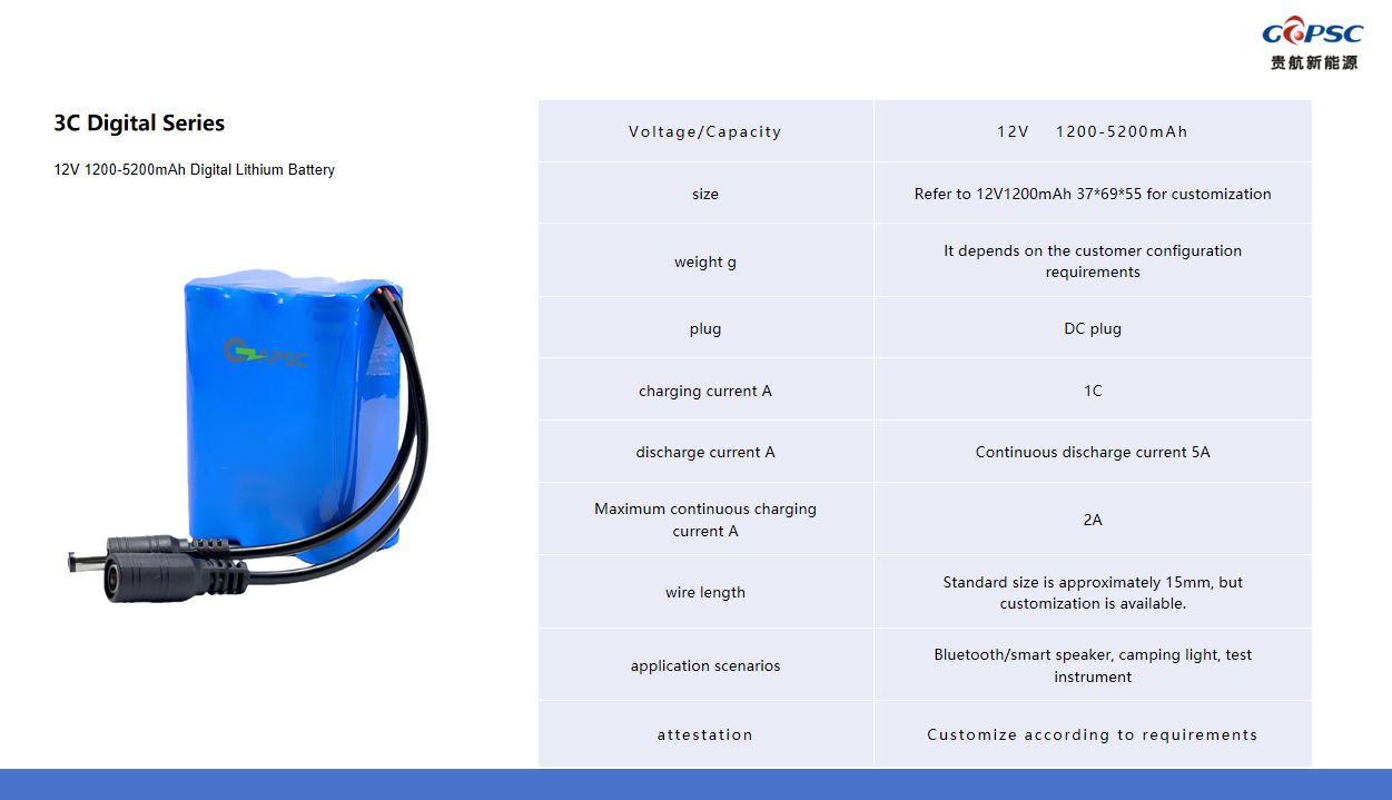 12V 1200-5200mAh Digital Lithium Battery