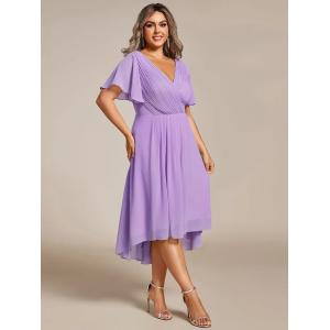Empire Plus Size V-neck High-low A-line Short Sleeve Ruffled Purple Orchid