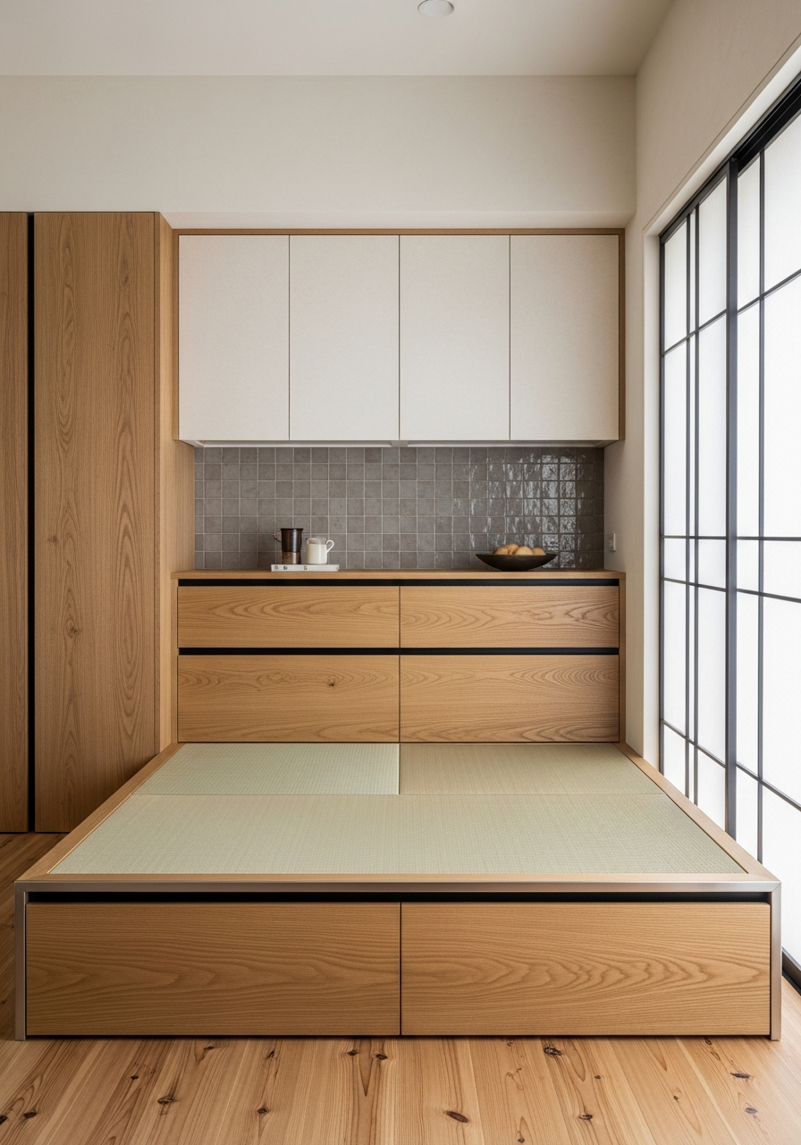 Low-Profile Japandi Platform Bed in 304 Stainless Steel with Oak Veneer