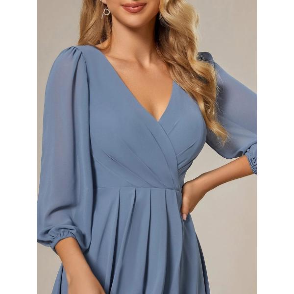 Elegant Empire Long Sleeve V-neck High Low A-line Ruffled Midi Dusty Navy Chiffon Wedding Guest Homecoming Dress