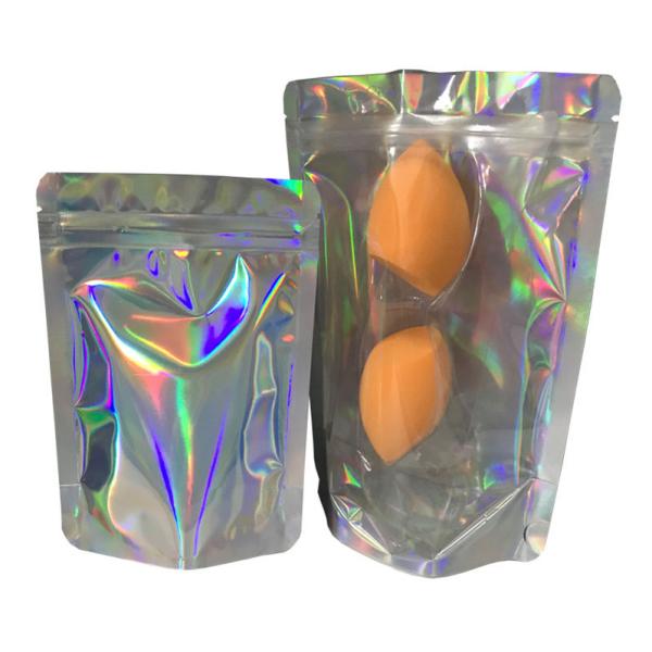 Buy Front clear Mylar Holographic Packaging Bag for Cosmetics Beauty Sponge Packaging at wholesale prices