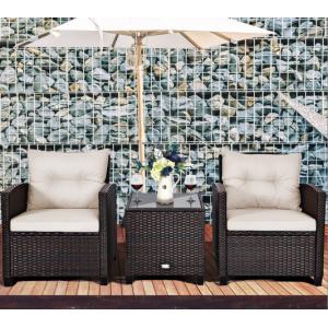3pc Patio Wicker Bistro Conversation Patio Balcony Poolside-2 Cushioned
