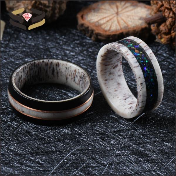 8mm Nature Deer Antler Ring with African Ebony Wood and Rose Gold Circle Inlay Wedding Band Plating N/A