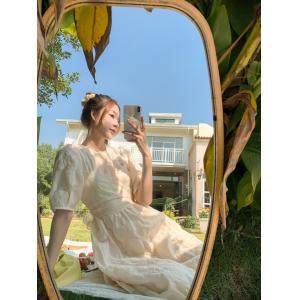 Back Tie Bow Waist Puff Sleeve A Line Dress