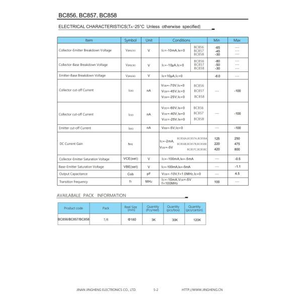 BC857 SOT-23 Package 200mW PNP Plastic-Encapsulate Transistors for Electronic Devices