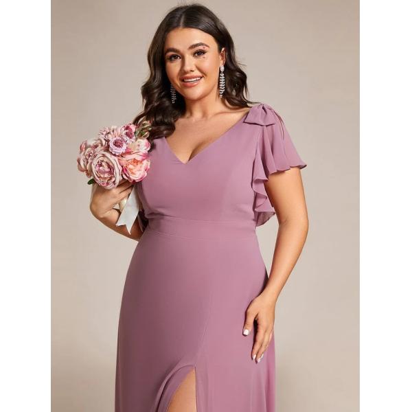 Empire Plus Size Zipper V-neck High Split A-line Short Sleeve Purple Orchid Chiffon Bridesmaid Dress With Ribbon Bow