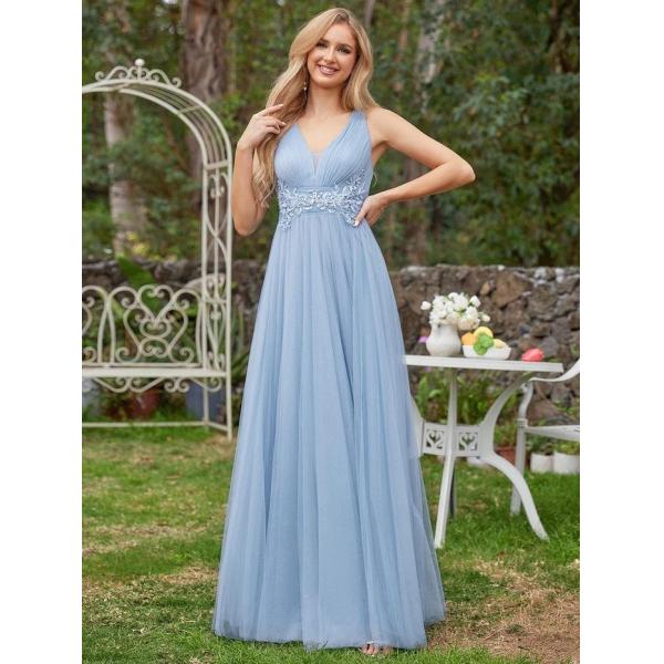 Elegant Empire Beaded Sleeveless V-neck Ruffled Spaghetti Strap A-line Light Blue Tulle Bridesmaid Dress