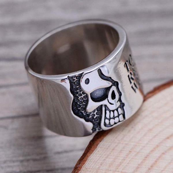 Retro Vintage Engraved Words Skull Sterling Silver Band Ring (036901)