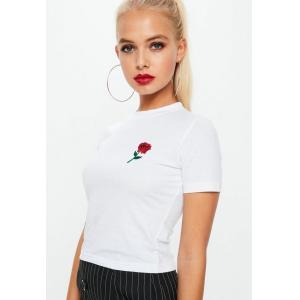 White Rose Embroidered Crop T Shirt Clothing Women