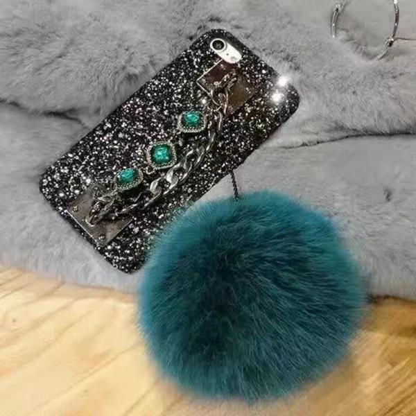 Buy DIY Luxurious Fox Fur Ball Gem Back Chain Shiny Black Sequins Cell Phone Case Cover For iPhone 7 6s Plus at wholesale prices