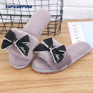 PVC Outsole Womens Fur Slippers With Silk Bow