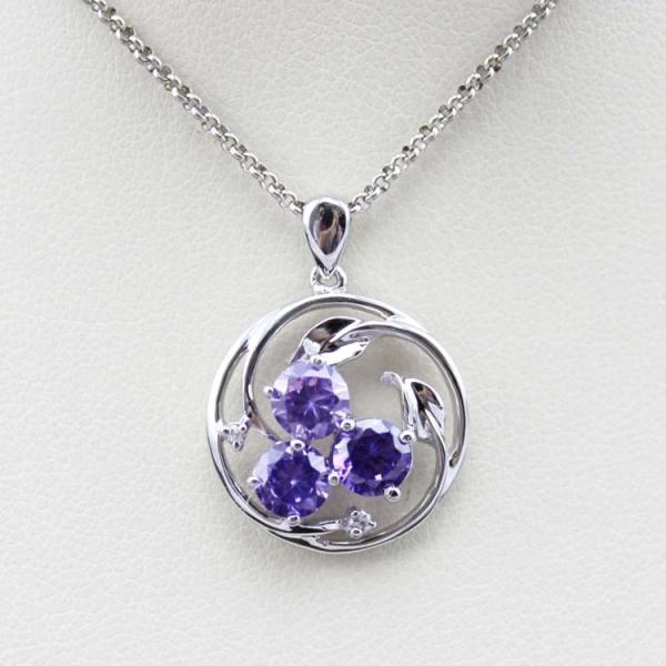 Silver Jewelry Purple Cubic Zircon Charm Pendant Necklace (P33)