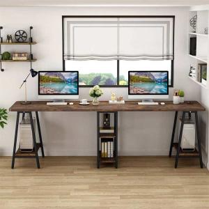 Metal Frame Modern Workstation Desk Brown Pvc Edging With Shelves